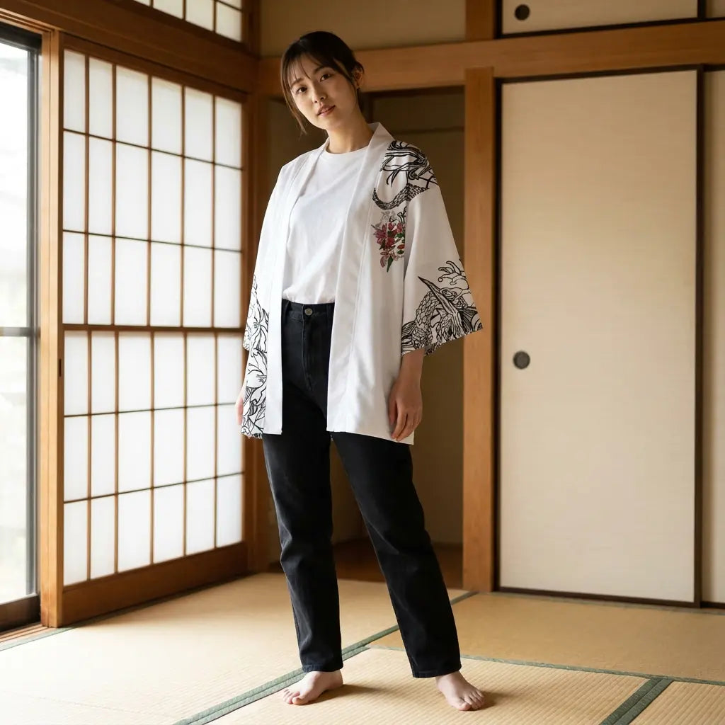 Frau trägt Kimono Oni Haori Jacke in japanischem Raum mit Tatami und Shoji