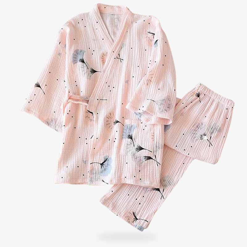 Damen Kimono Pyjama aus Baumwolle mit Blumenprint und 3/4-Ärmeln