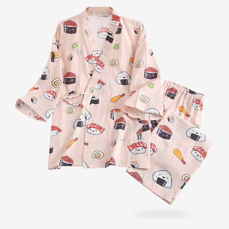 Kimono Pyjama Damen mit Kawaii Sushi Print aus weicher Baumwolle