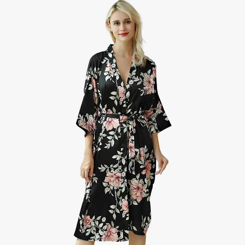 Langer Kimono Pyjama mit Sakura-Muster und Obi-Gürtel für Damen