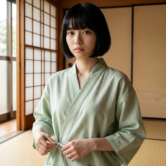 Salbeigrüner Kimono Pyjama mit Wickelvorderseite und weiten Ärmeln