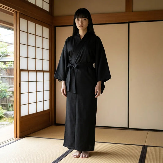 Schwarze Kimono Robe für Damen im Nagajuban-Stil, offen über einfachem Outfit getragen