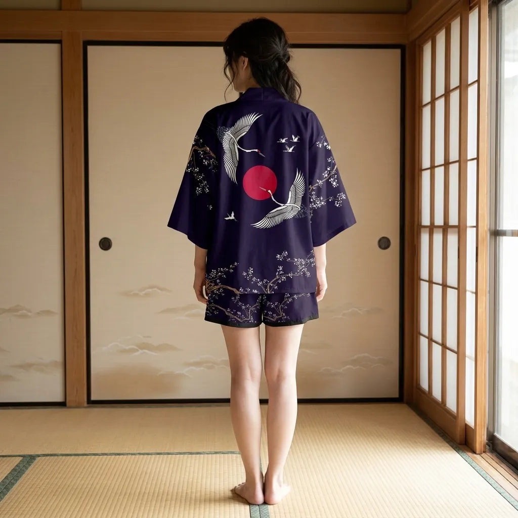 Detailansicht des Kranich-Motivs auf der Kimono-Jacke