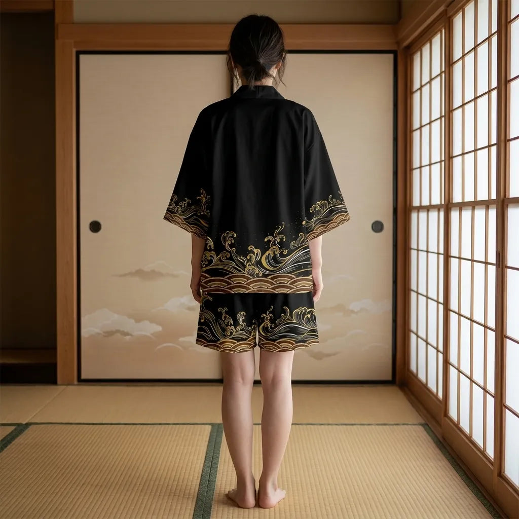 Nahaufnahme der schwarzen Kimono Jacke mit Wellenmuster