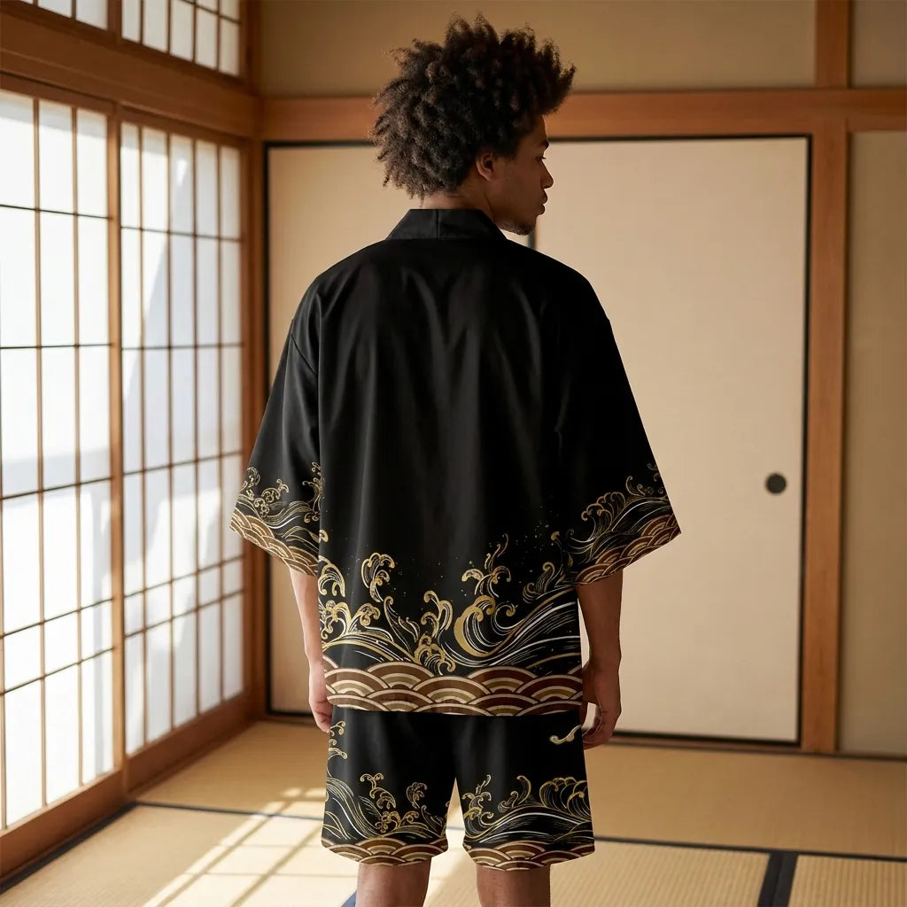 Kimono Set für Festivals, Rückansicht mit schwarzer Haori Jacke