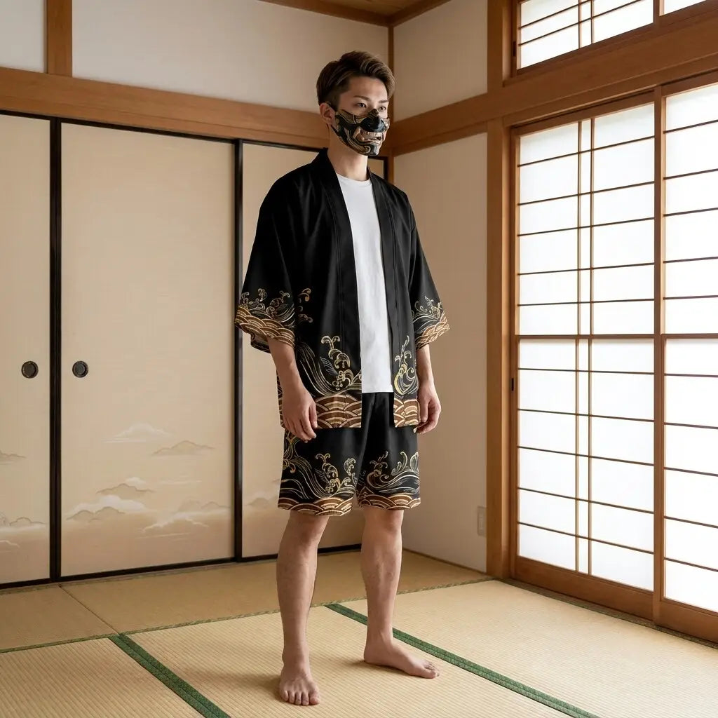 Kimono Set für Festivals, Vorderansicht mit Haori Jacke und Shorts