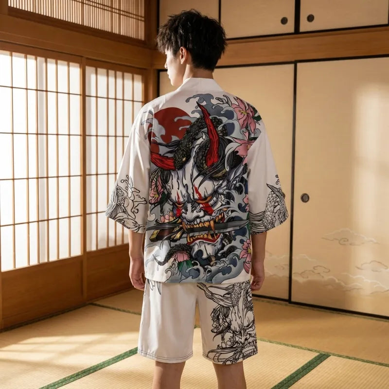 Japanisches Kimono Hemd für Herren, Rückenansicht mit Oni Print