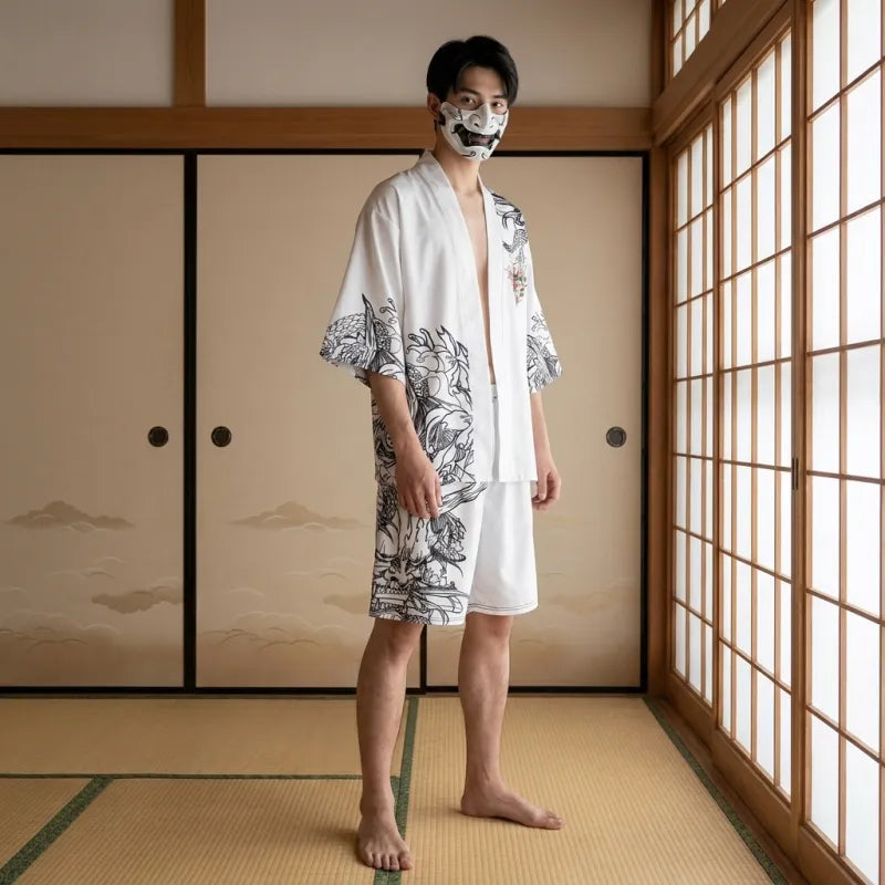 Japanisches Kimono Hemd für Herren, Vorderansicht im Oversize-Schnitt