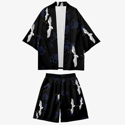 Nahaufnahme des Tsuru-Kranich Musters am Kimono Set