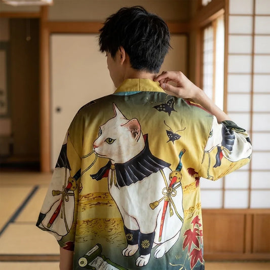 Kimono Set Herren, Haori Jacke mit Maneki Neko Motiv hinten