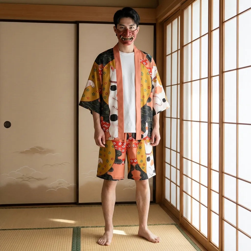 Kimono Set Herren, Haori Jacke mit Maneki Neko Motiv vorne