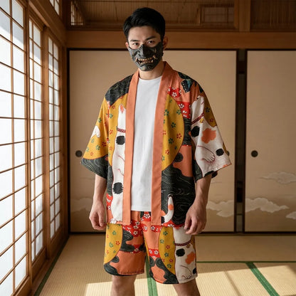 Herren Kimono Set mit Haori Jacke und Shorts von vorne