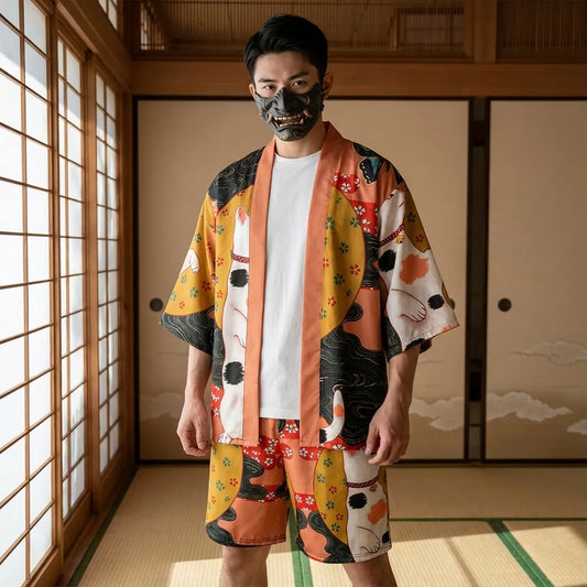 Herren Kimono Set mit Haori Jacke und Shorts von vorne