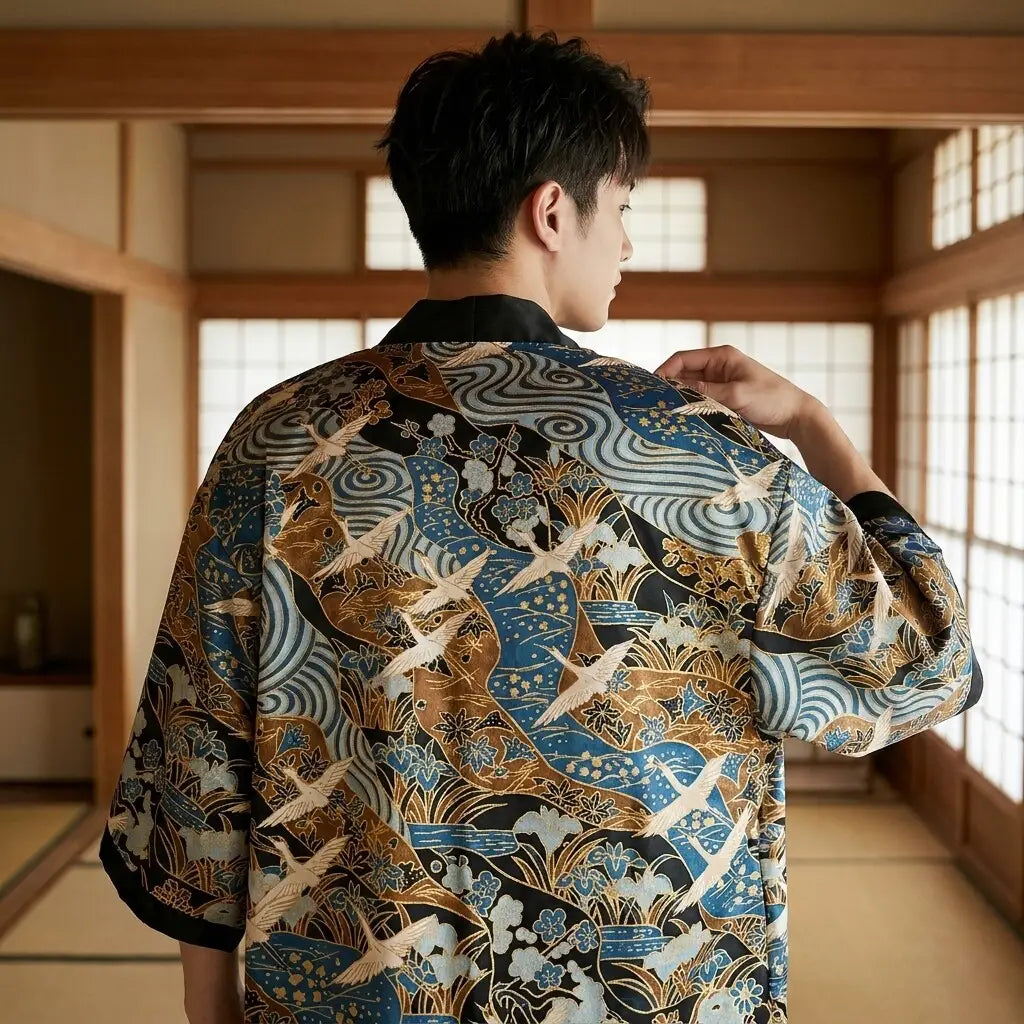 Kimono Set Herren mit Haori Jacke, Ansicht von hinten getragen