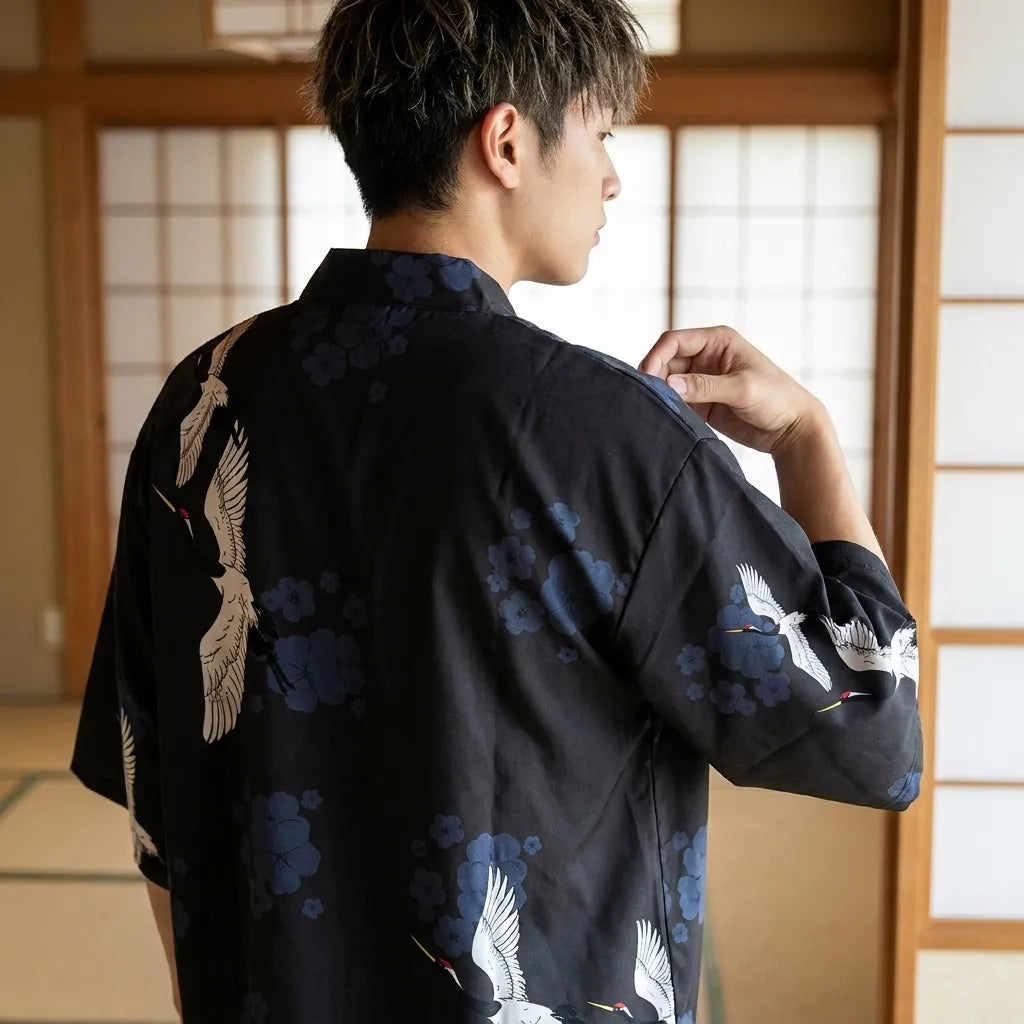 Kimono Set Herren Rückansicht mit Haori-Jacke und Shorts