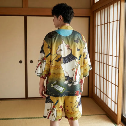 Kimono Set Herren, Shorts mit Maneki Neko Print von hinten