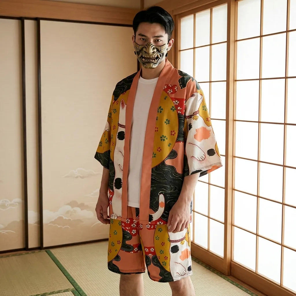 Kimono Set Herren, Shorts mit Maneki Neko Print von vorne