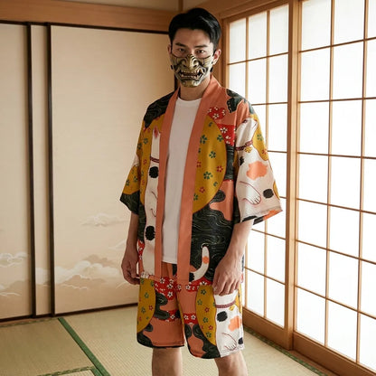 Kimono Set Herren, Shorts mit Maneki Neko Print von vorne