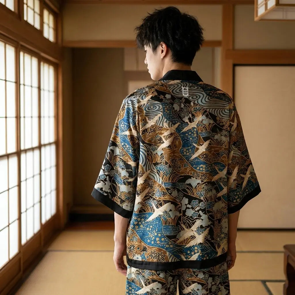 Person trägt Kimono Set mit Haori Jacke und Shorts von hinten