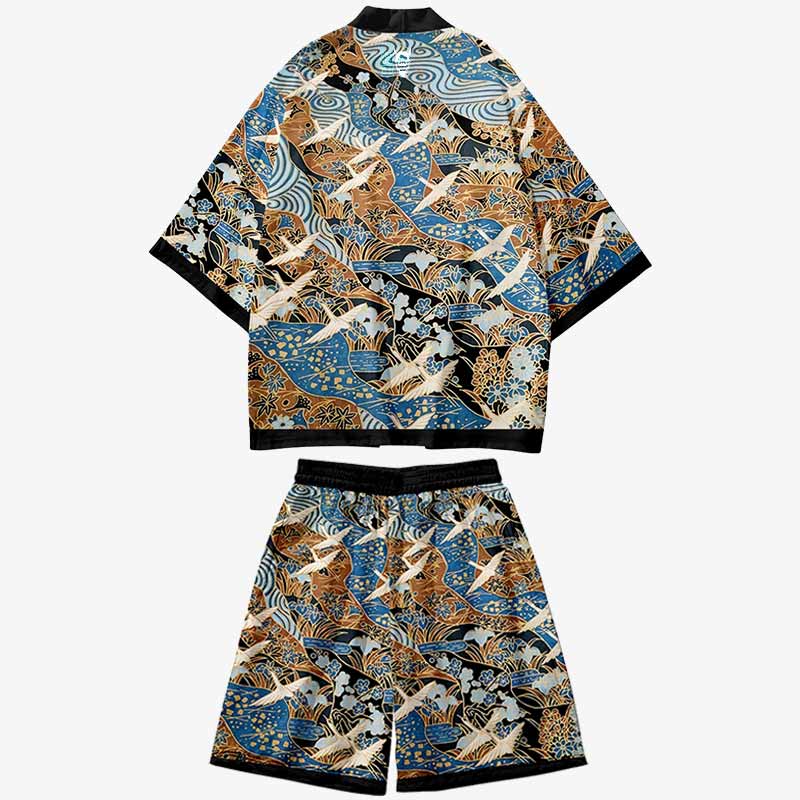 Kimono Set mit Tsuru Kranich Motiv in leuchtenden Farben