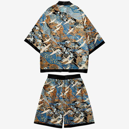 Kimono Set mit Tsuru Kranich Motiv in leuchtenden Farben