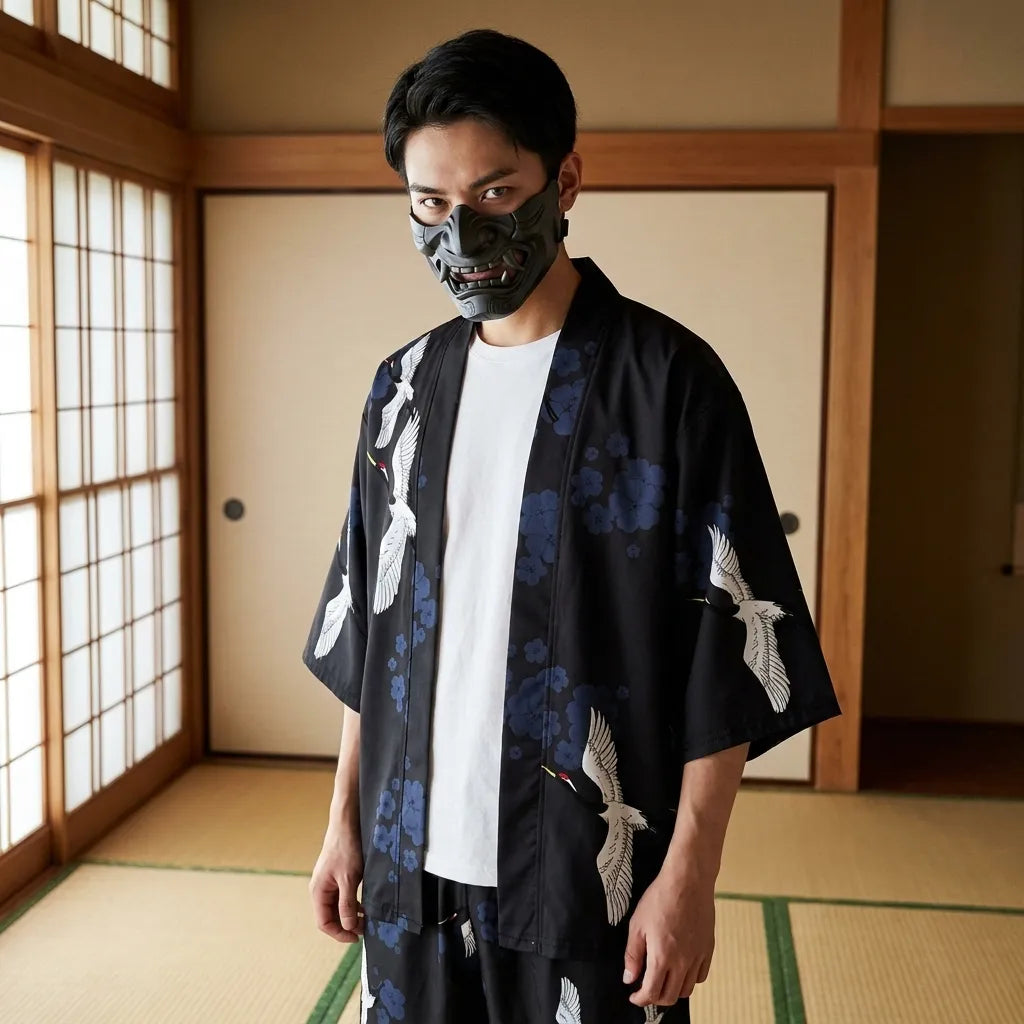 Kimono Set Herren mit Haori-Jacke von vorne getragen