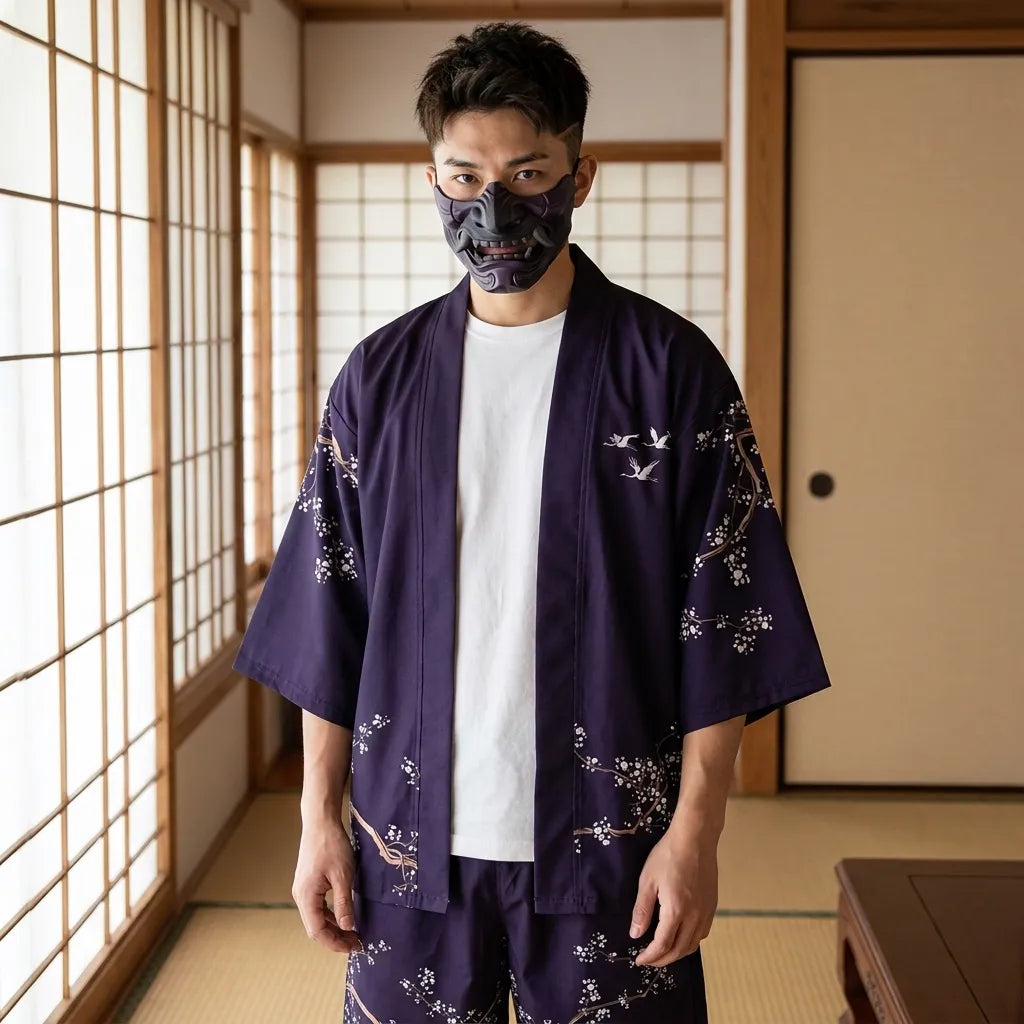 Kimono Set mit Kranich-Motiv, Vorderansicht für Herren und Damen