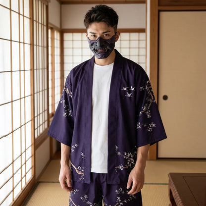 Kimono Set mit Kranich-Motiv, Vorderansicht für Herren und Damen