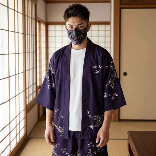 Kimono Set mit Kranich-Motiv, Vorderansicht für Herren und Damen