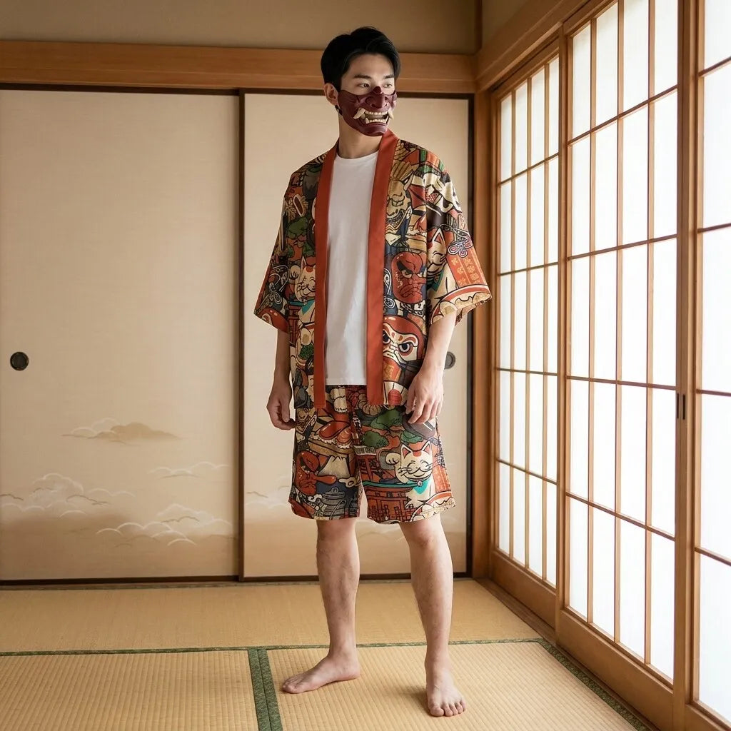 Haori Jacke und Shorts im Kimono Set von vorne getragen