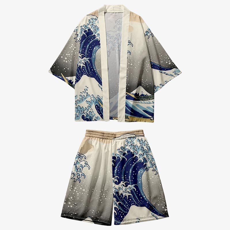 Kimono Wellenmuster kombiniert zu einem lässigen Outfit