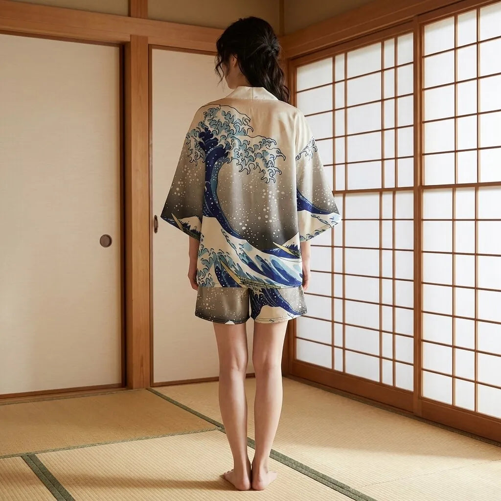 Rückansicht des Kimono Sets mit Wellenmuster und Haori-Jacke