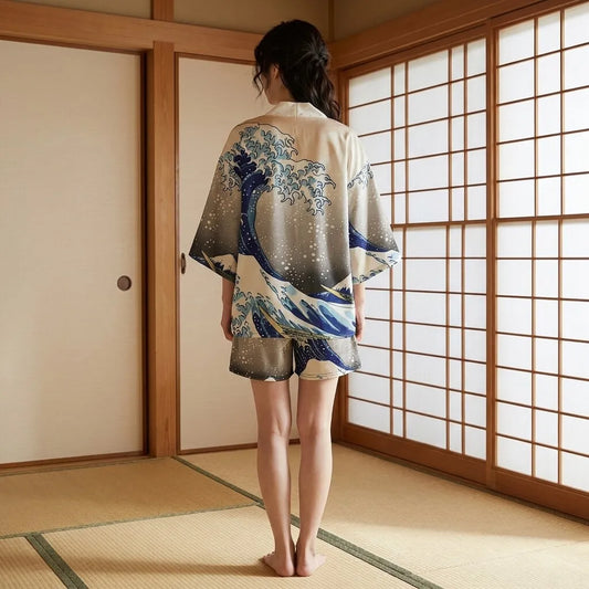 Rückansicht des Kimono Sets mit Wellenmuster und Haori-Jacke