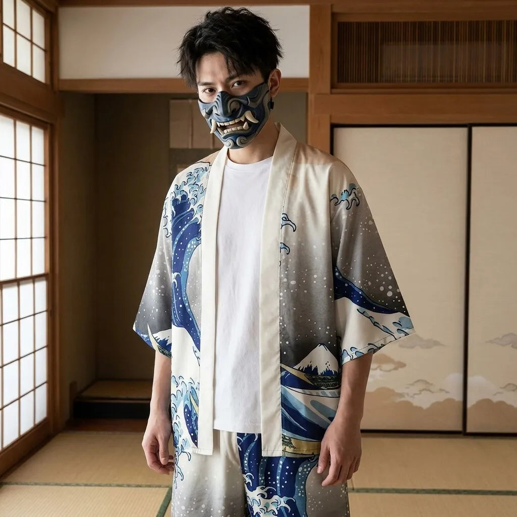 Kimono Set mit Wellenmuster, Vorderansicht der Haori-Jacke und Shorts
