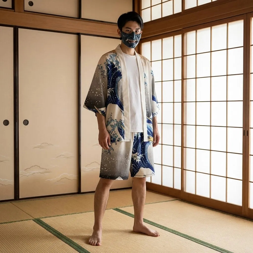 Modell trägt Kimono Set mit Wellenmuster im Harajuku-Stil