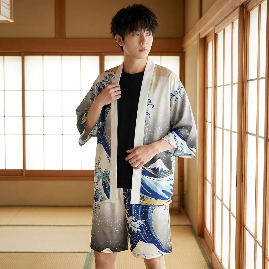 Kimono Wellenmuster mit passender Shorts von vorne