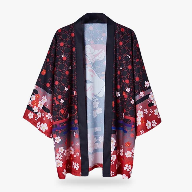 Kirschblüten Kimono Jacke in Schwarz mit Sakura Blüten und Kitsune Fuchsmaske