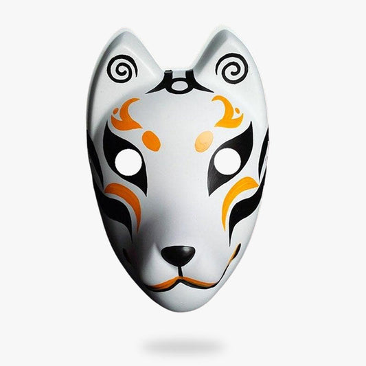 Von einem Kunsthandwerker bemalte Kitsune Fuchsmaske aus Fiberglas in Weiß, Schwarz und Gelb