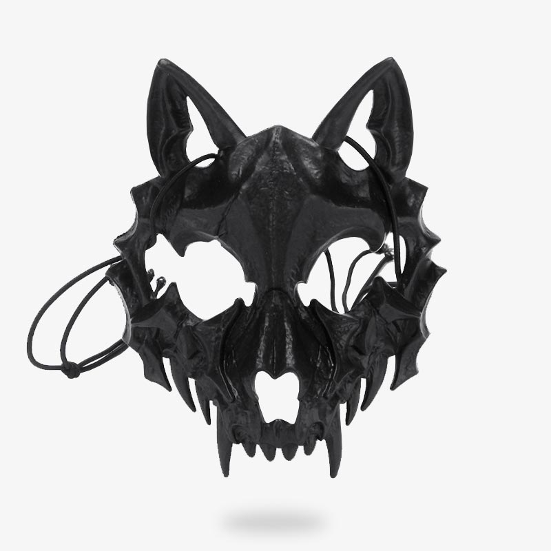 Schwarze Kitsune Fuchsmaske mit filigranem Totenkopf-Muster aus Fiberglas