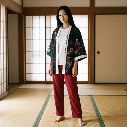 Frau trägt Kitsune Haori Jacke im Tatami Zimmer mit Shoji Schiebetüren