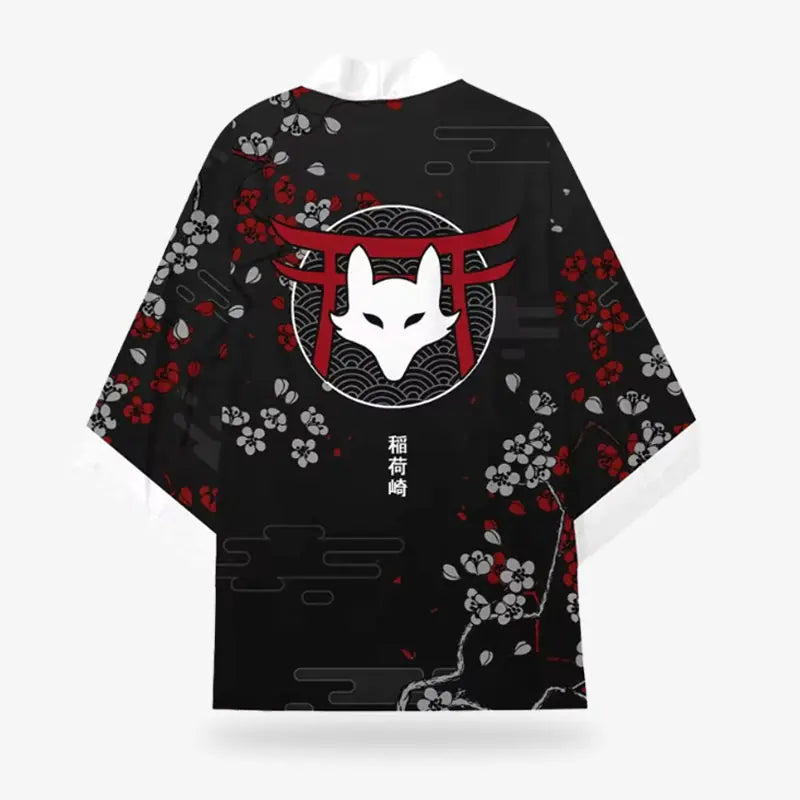 Kitsune Haori Jacke flach liegend mit vollständigem Fuchsmaske Print auf der Rückseite