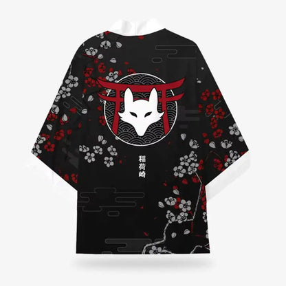 Kitsune Haori Jacke flach liegend mit vollständigem Fuchsmaske Print auf der Rückseite