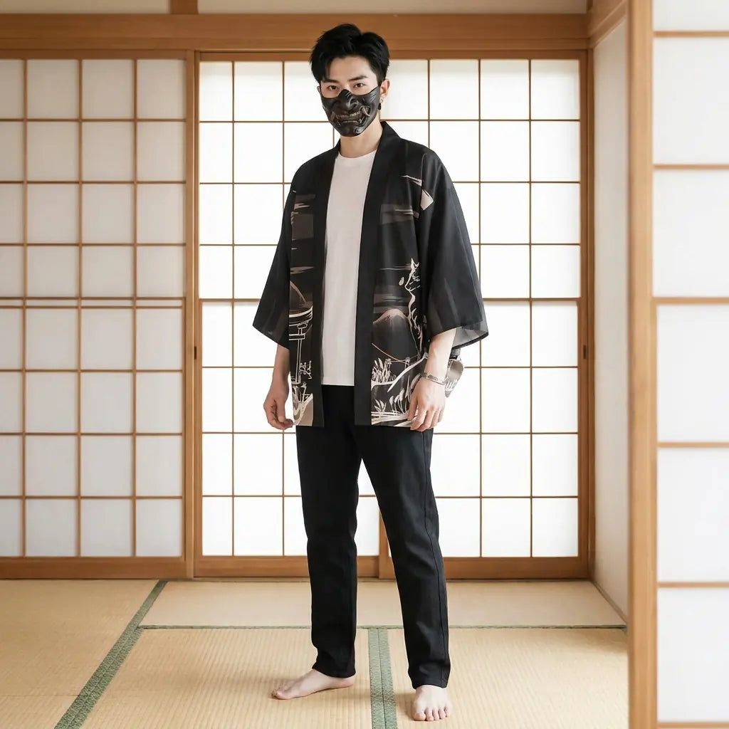 Mann trägt Kitsune Haori Jacke mit Fuchsmotiv im Washitsu-Zimmer