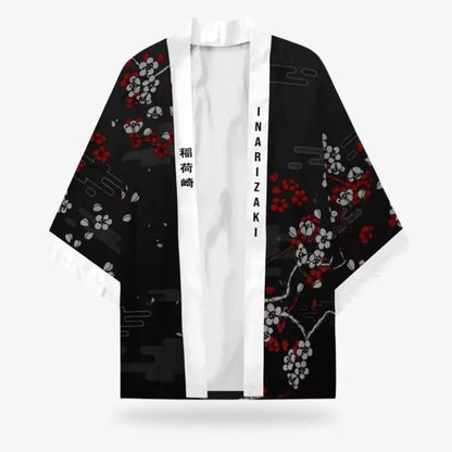 Kitsune Haori Jacke flach liegend mit offenem Kragen und Sakura Blütenmuster vorne