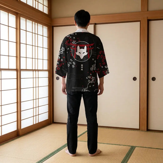 Rückenansicht der Kitsune Haori Jacke im Tatami Zimmer mit vollständigem Rückenmotiv