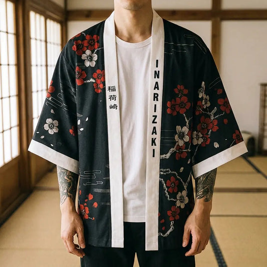 Nahaufnahme von Stoffdruck und Ärmel der Kitsune Haori Jacke