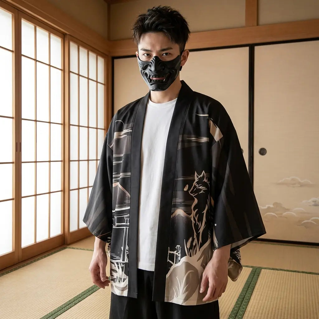 Mann trägt Kitsune Haori Jacke in traditionellem japanischen Wohnraum, Frontansicht