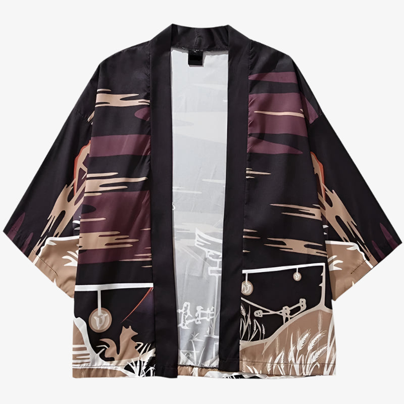 Kitsune Haori Kimono Jacke mit schwarzem braunem und beigem Muster auf weißem Hintergrund