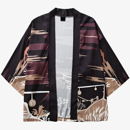 Kitsune Haori Kimono Jacke mit schwarzem braunem und beigem Muster auf weißem Hintergrund