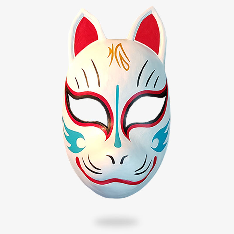 Weiße Japanische Maske Fuchs aus Fiberglas mit von einem Kunsthandwerker bemalten Motiven